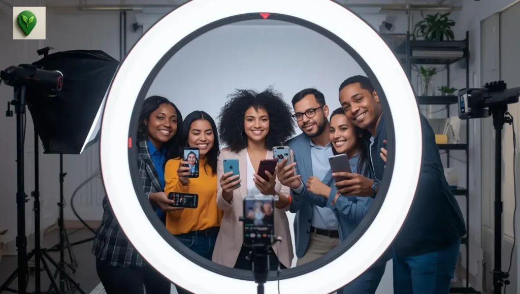 A business team creating vertical videos in a studio setup with ring lights, smartphones  for Tiktok and Instagram