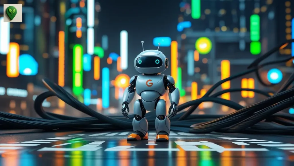 A high-resolution 3D illustration of a futuristic Googlebot standing at a virtual city intersection filled with glowing website icons, but with one dark, unlit building hidden behind tangled data