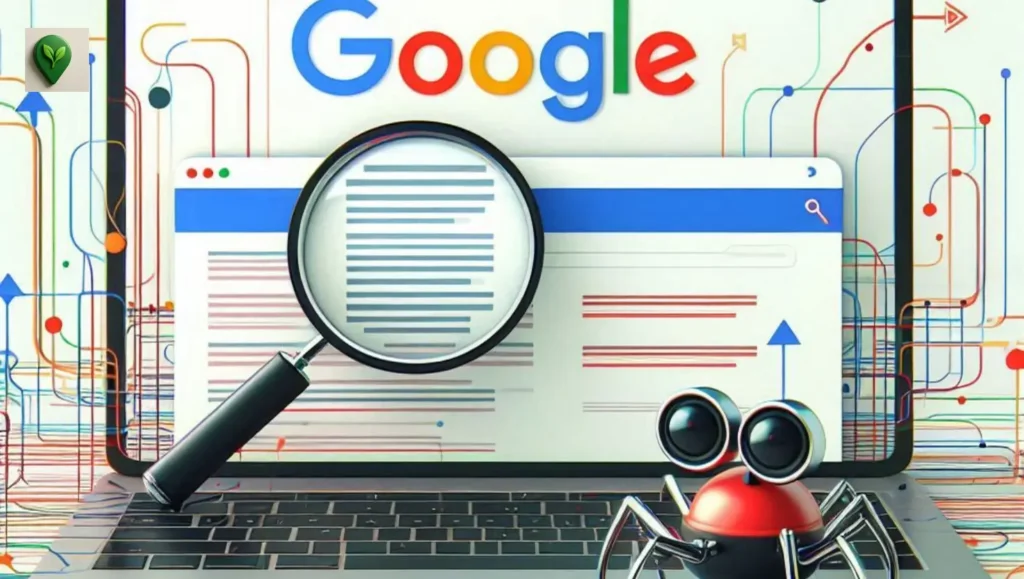A modern website displayed on a laptop screen, with abstract crawling lines and magnifying glass icons floating around it, representing Googlebot crawling websites