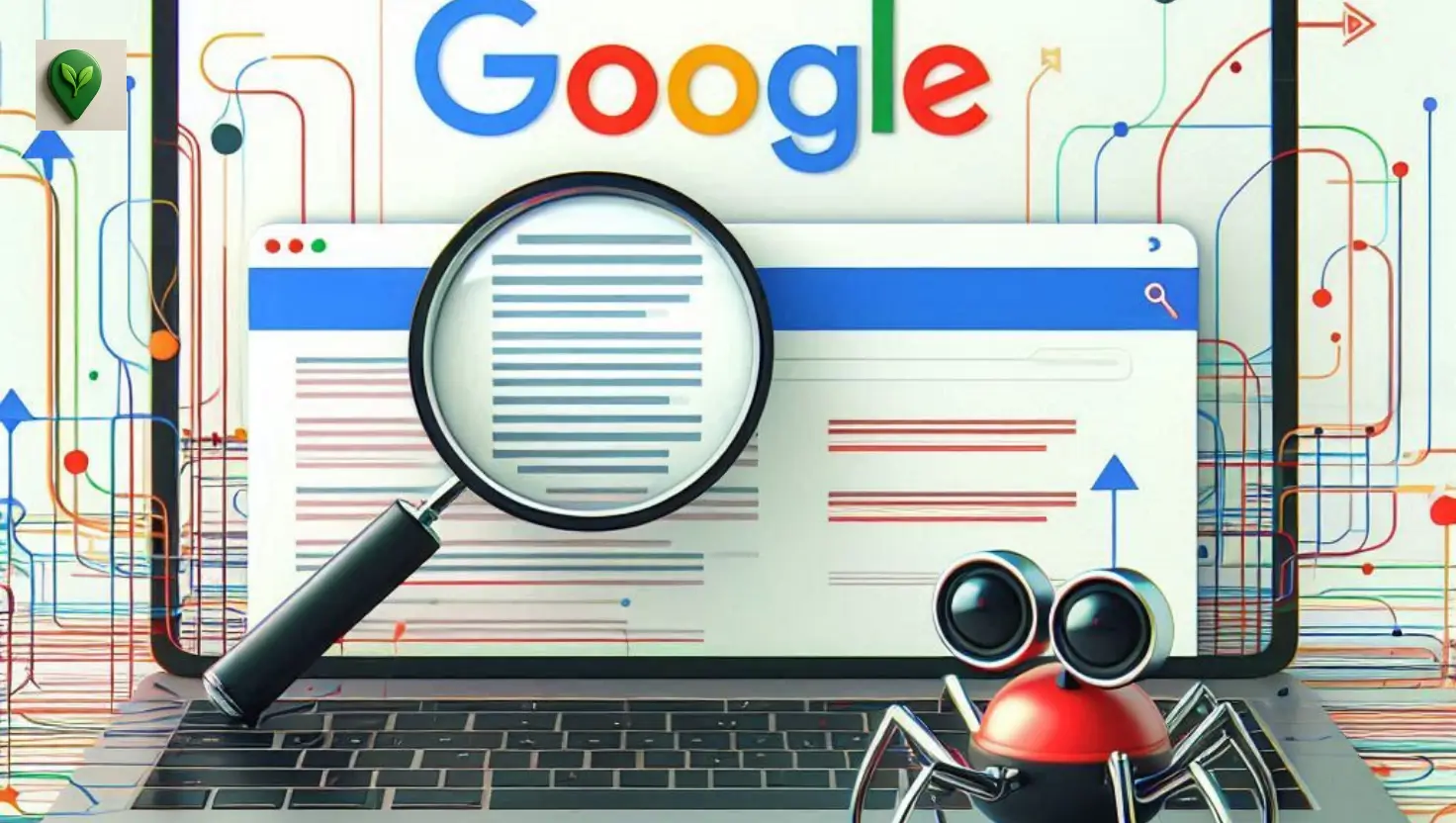 A modern website displayed on a laptop screen, with abstract crawling lines and magnifying glass icons floating around it, representing Googlebot crawling websites