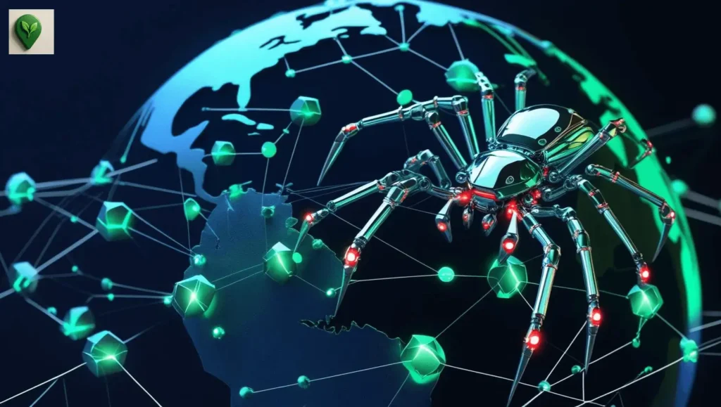 An abstract network of interconnected glowing nodes and pathways forming the shape of a globe, with a sleek robotic spider crawling along one of the paths (1)-Google is not crawling your site.