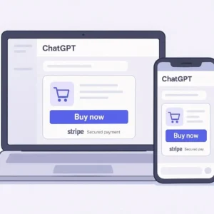ChatGPT Instant Checkout on laptop and phone with Buy Now button and Stripe