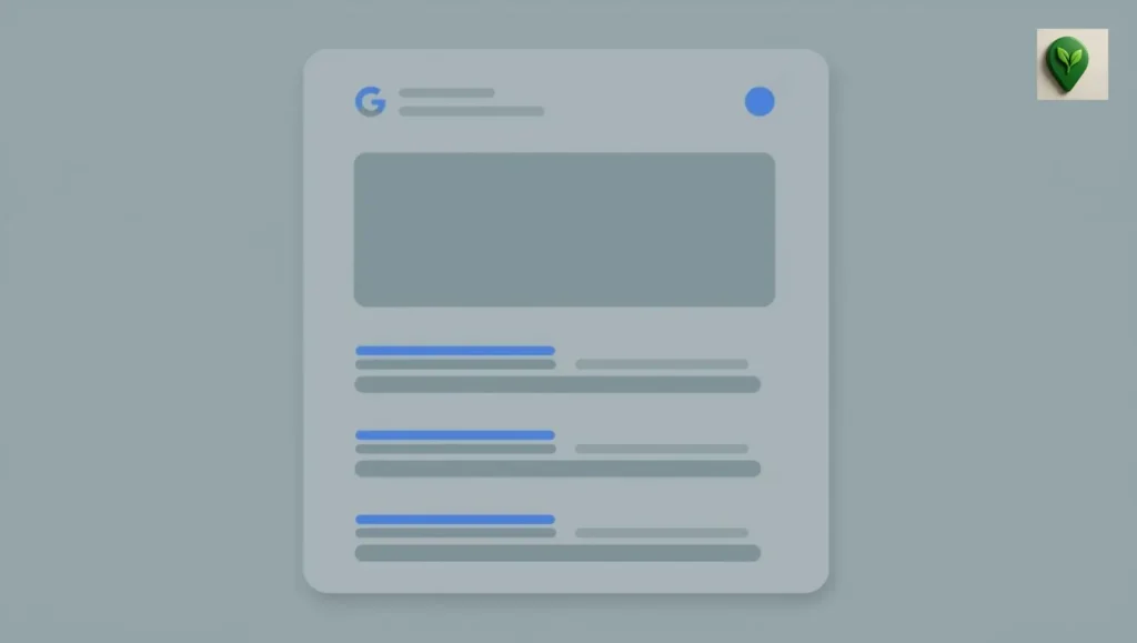 Mockup of Google SERP with snippet, AI panel, and organic results.