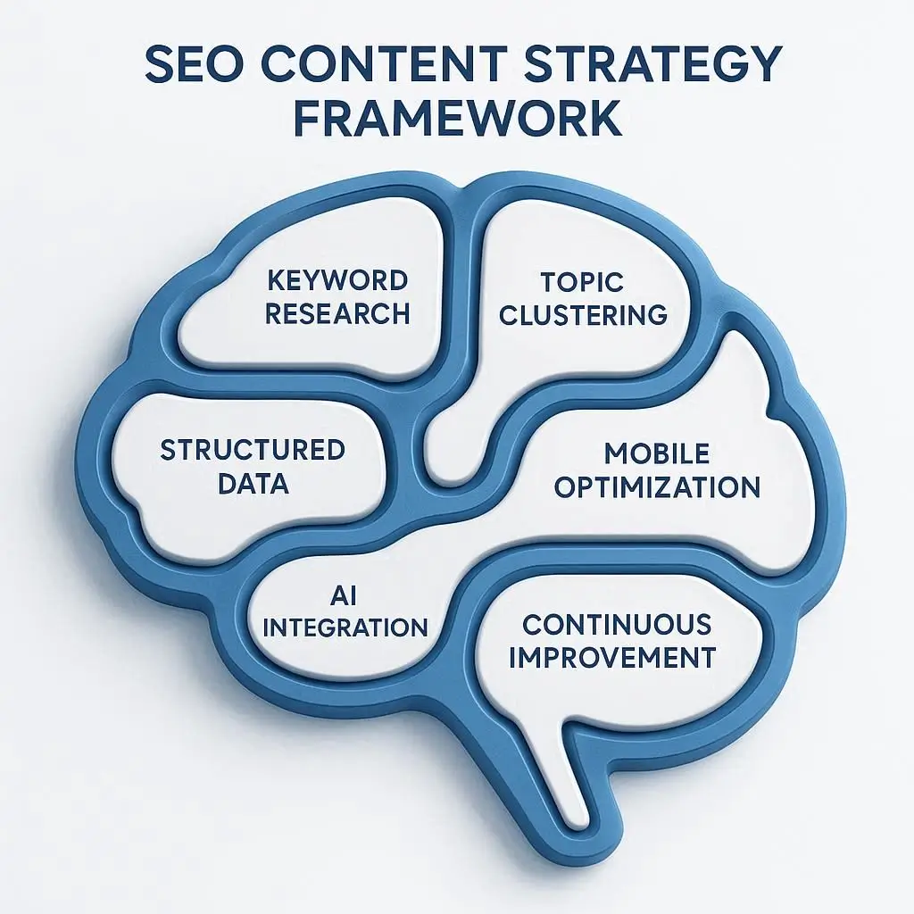 3D SEO brain showing keyword research, structured data, AI, and optimization elements